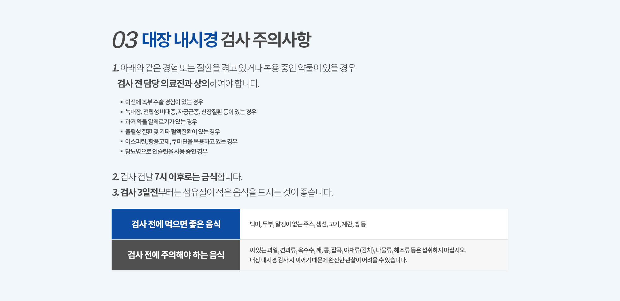 03. 대장 내시경 검사 주의사항
		1. 아래와 같은 경험 또는 질환을 겪고 있거나 복용 중인 약물이 있을 경우 검사 전 담당 의료진과 상의하여야 합니다. 
		▪ 이전에 복부 수술 경험이 있는 경우 
		▪ 녹내장, 전립성 비대증, 자궁근종, 신장질환 등이 있는 경우
		▪ 과거 약물 알레르기가 있는 경우 
		▪ 출혈성 질환 및 기타 혈액질환이 있는 경우
		▪ 아스피린, 항응고제, 쿠마딘을 복용하고 있는 경우 
		▪ 당뇨병으로 인슐린을 사용 중인 경우 
		2. 검사 전날 7시 이후로는 금식합니다. 
		3. 검사 3일전부터는 섬유질이 적은 음식을 드시는 것이 좋습니다.