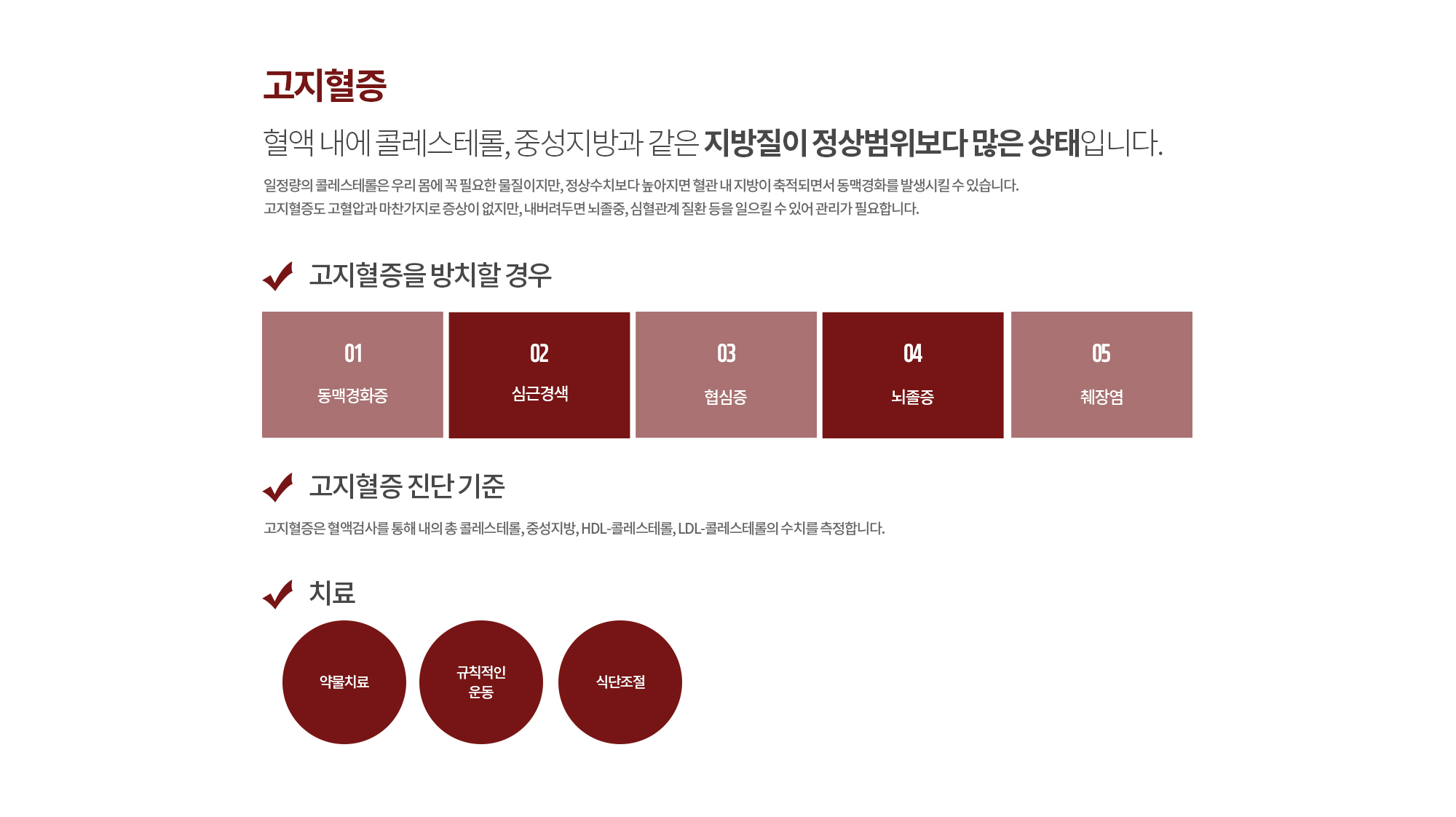 고지혈증
		혈액 내에 콜레스테롤, 중성지방과 같은 지방질이 정상범위보다 많은 상태입니다. 
		일정량의 콜레스테롤은 우리 몸에 꼭 필요한 물질이지만, 정상수치보다 높아지면 혈관 내 지방이 축적되면서 동맥경화를 발생시킬 수 있습니다. 고지혈증도 고혈압과 마찬가지로 증상이 없지만, 내버려두면 뇌졸중, 심혈관계 질환 등을 일으킬 수 있어 관리가 필요합니다. 
		고지혈증을 방치할 경우  
		동맥경화증, 심근경색, 협심증, 뇌졸증, 췌장염 
		고지혈증 진단 기준
		고지혈증은 혈액검사를 통해 내의 총 콜레스테롤, 중성지방, HDL-콜레스테롤, LDL-콜레스테롤의 수치를 측정합니다.
		치료
		약물치료 및 규칙적인 운동, 식단조절을 진행합니다. 